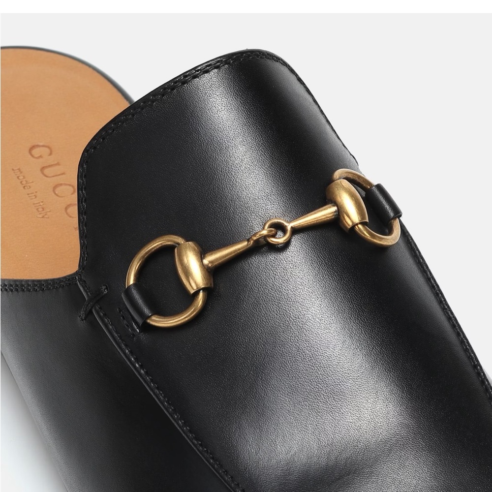 Gucci Black Leather Mules with Gold Bit Detail